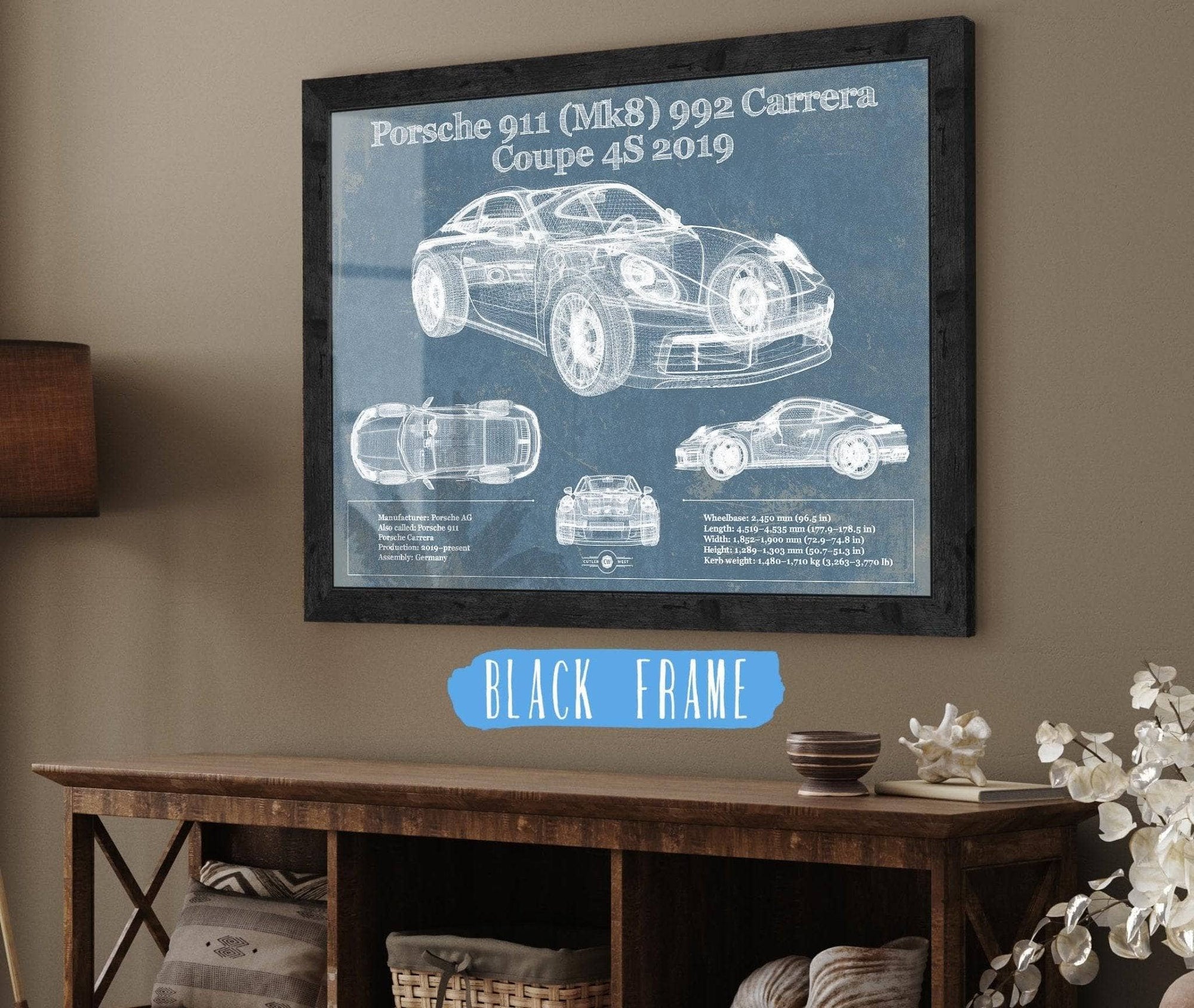 Cutler West Porsche Collection 14" x 11" / Black Frame Porsche 911 Mk8 992 Carrera Coupe 4s 2019 Vintage Blueprint Auto Print 845000299_68554