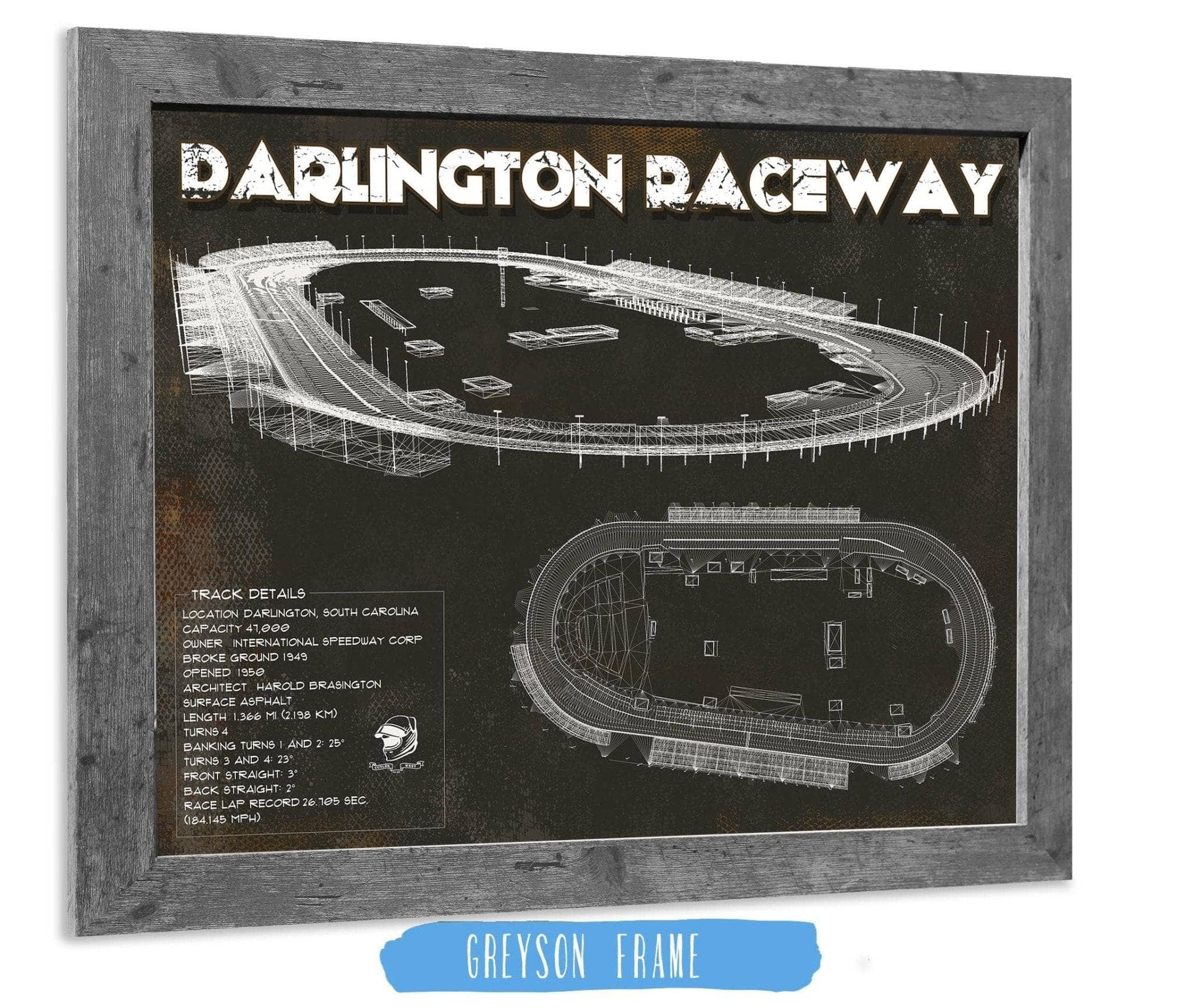 Cutler West Racetrack Collection 20" x 16" / Greyson Frame Darlington Raceway Blueprint NASCAR Race Track Print 745806981_54695