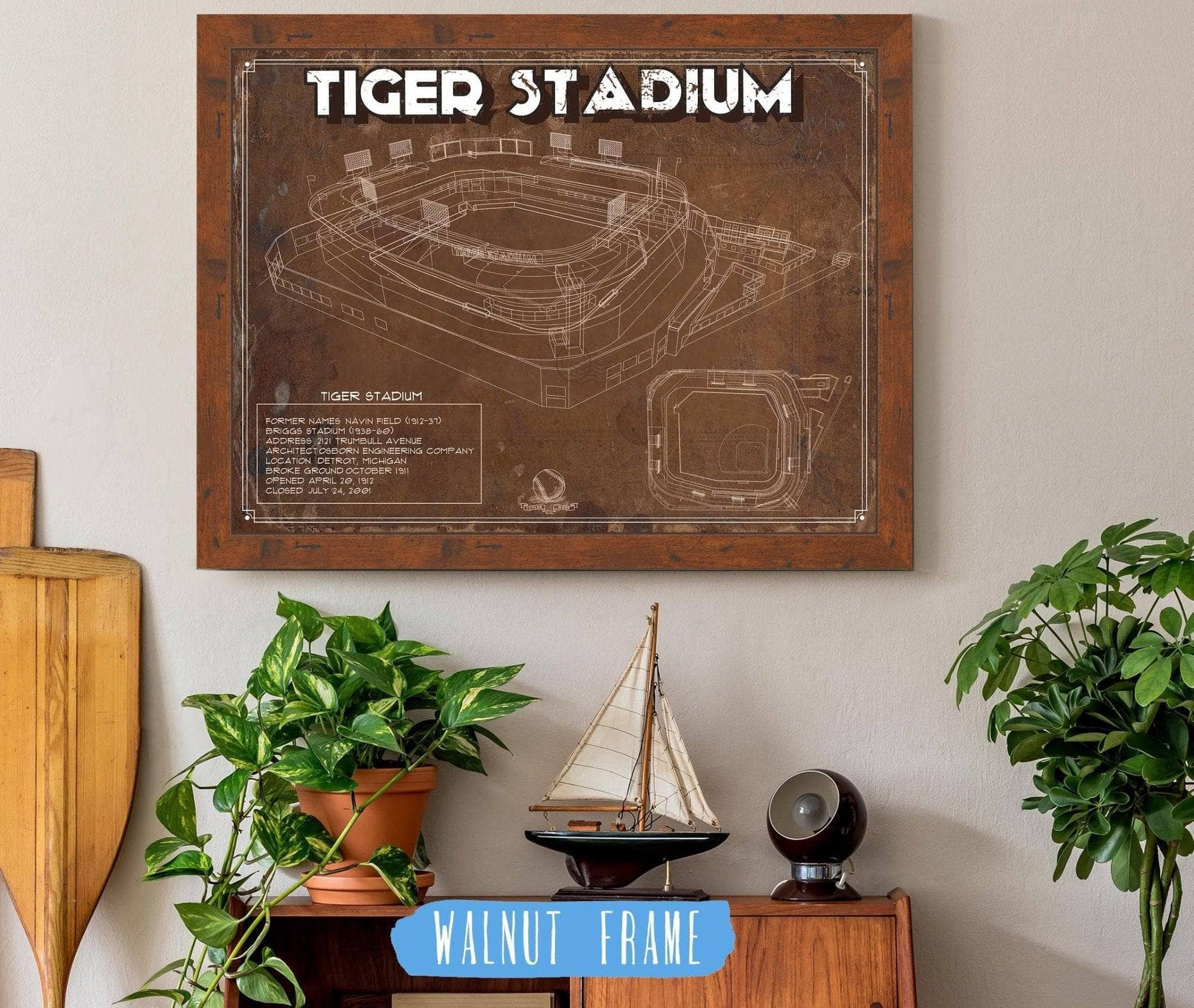 Cutler West Baseball Collection 14" x 11" / Walnut Frame Vintage Tiger Stadium Baseball Detroit Tigers Print 737213718-14"-x-11"23545