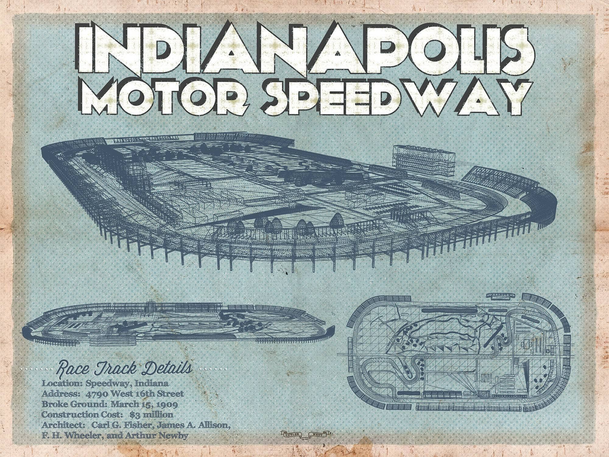 Cutler West Racetrack Collection 14" x 11" / Unframed Indianapolis Motor Speedway Blueprint NASCAR Race Track Print 791390704-TOP