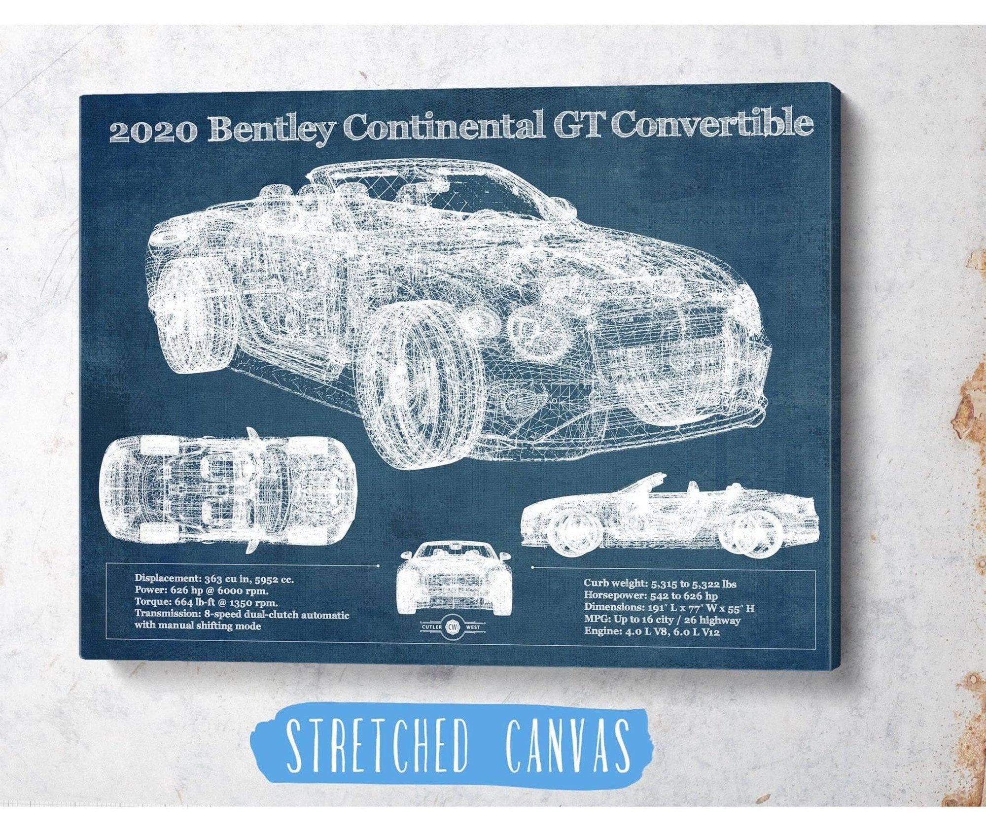 Cutler West Vehicle Collection 2020 Bentley Continental Gt Convertible Vintage Blueprint Auto Print