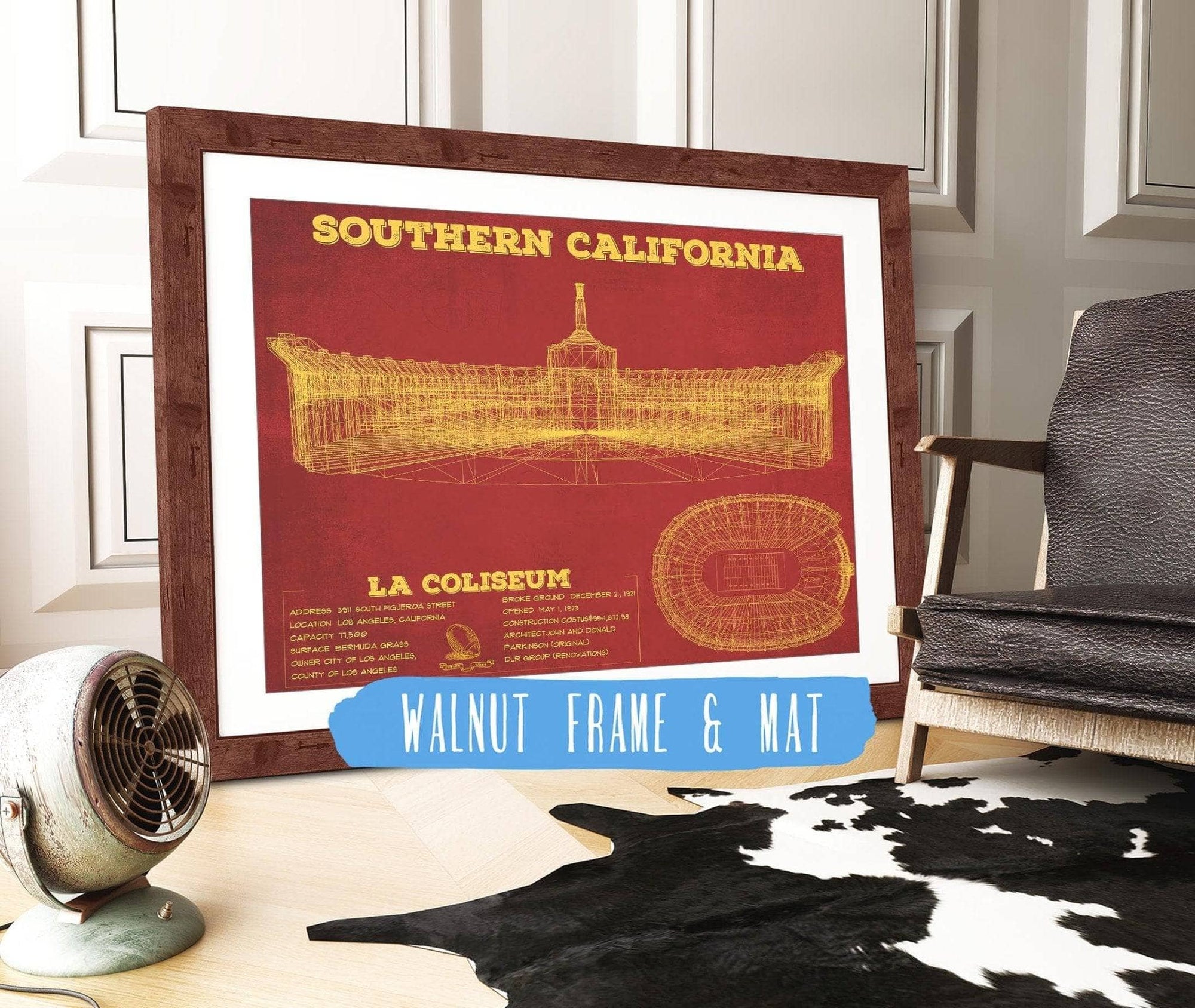 Cutler West College Football Collection 14" x 11" / Walnut Frame & Mat Vintage USC Trojans - LA Coliseum Blueprint Art Print 737528166-14"-x-11"66094