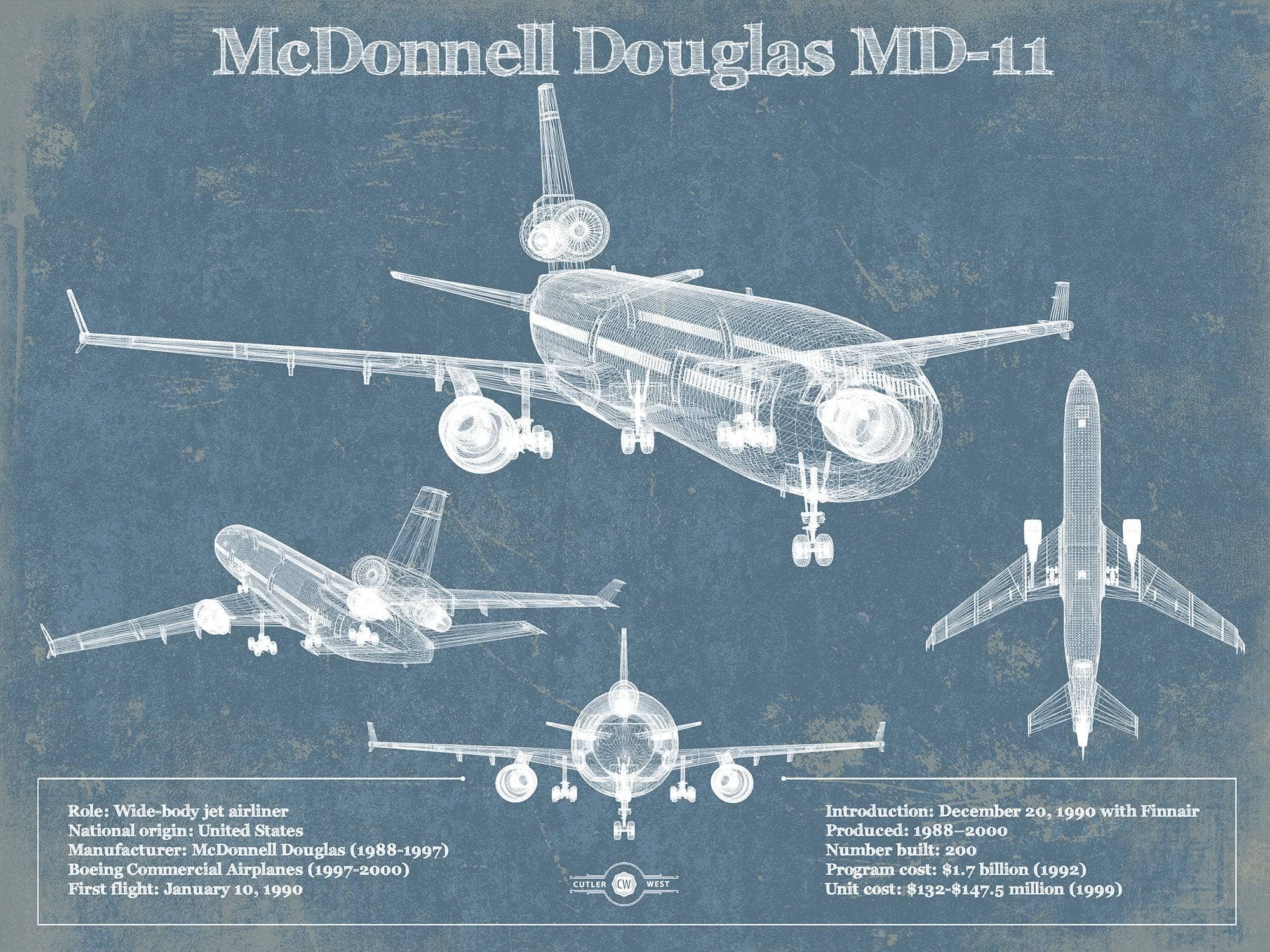 Cutler West McDonnell Douglas Collection 14" x 11" / Unframed McDonnell Douglas MD-11 Vintage Aviation Blueprint Print 896038797_17932