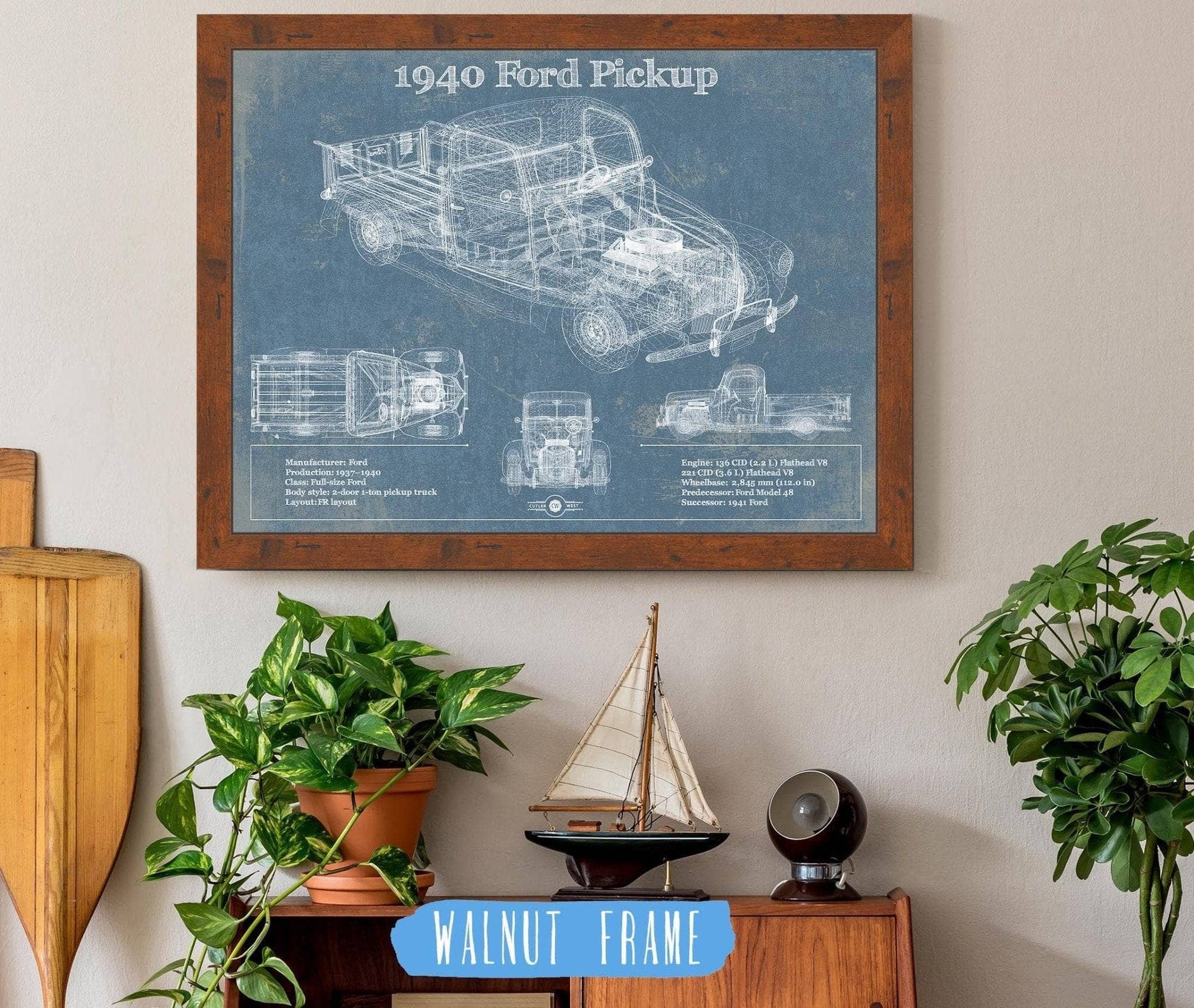 Cutler West Ford Collection 14" x 11" / Walnut Frame 1940 Ford Pickup Vintage Blueprint Auto Print 933311093_15635