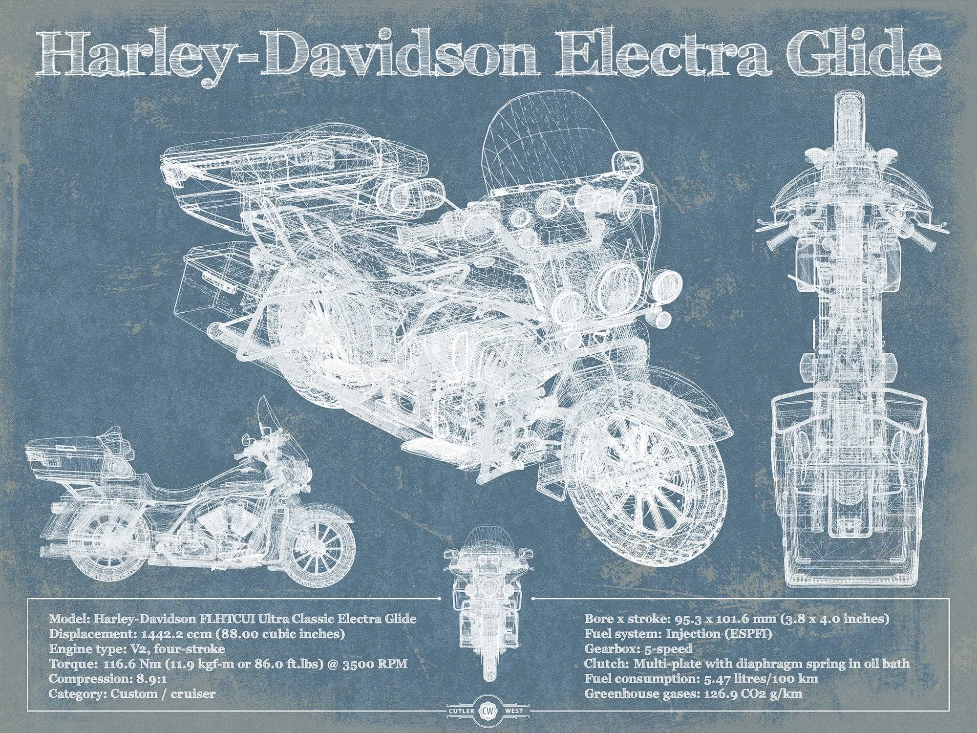 Cutler West 14" x 11" / Unframed Harley-Davidson FLHTCUI Ultra Classic Electra Glide Vintage Motorcycle Patent Print 933311113_18130