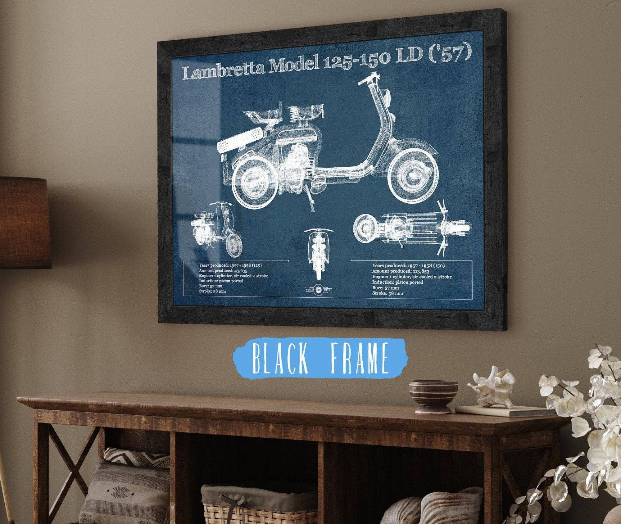 Cutler West 14" x 11" / Black Frame Lambretta Model 125 150 LD ('57) Vintage Blueprint Motorcycle Print 933350102_15567