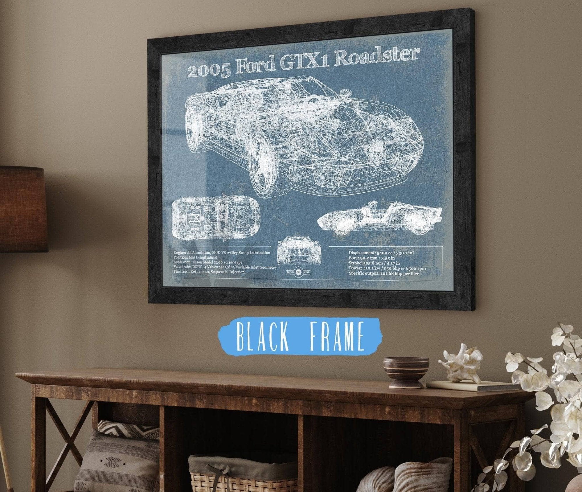 Cutler West Ford Collection 14" x 11" / Black Frame 2005 Ford GTX1 Roadster Vintage Blueprint Auto Print 933350037_17736
