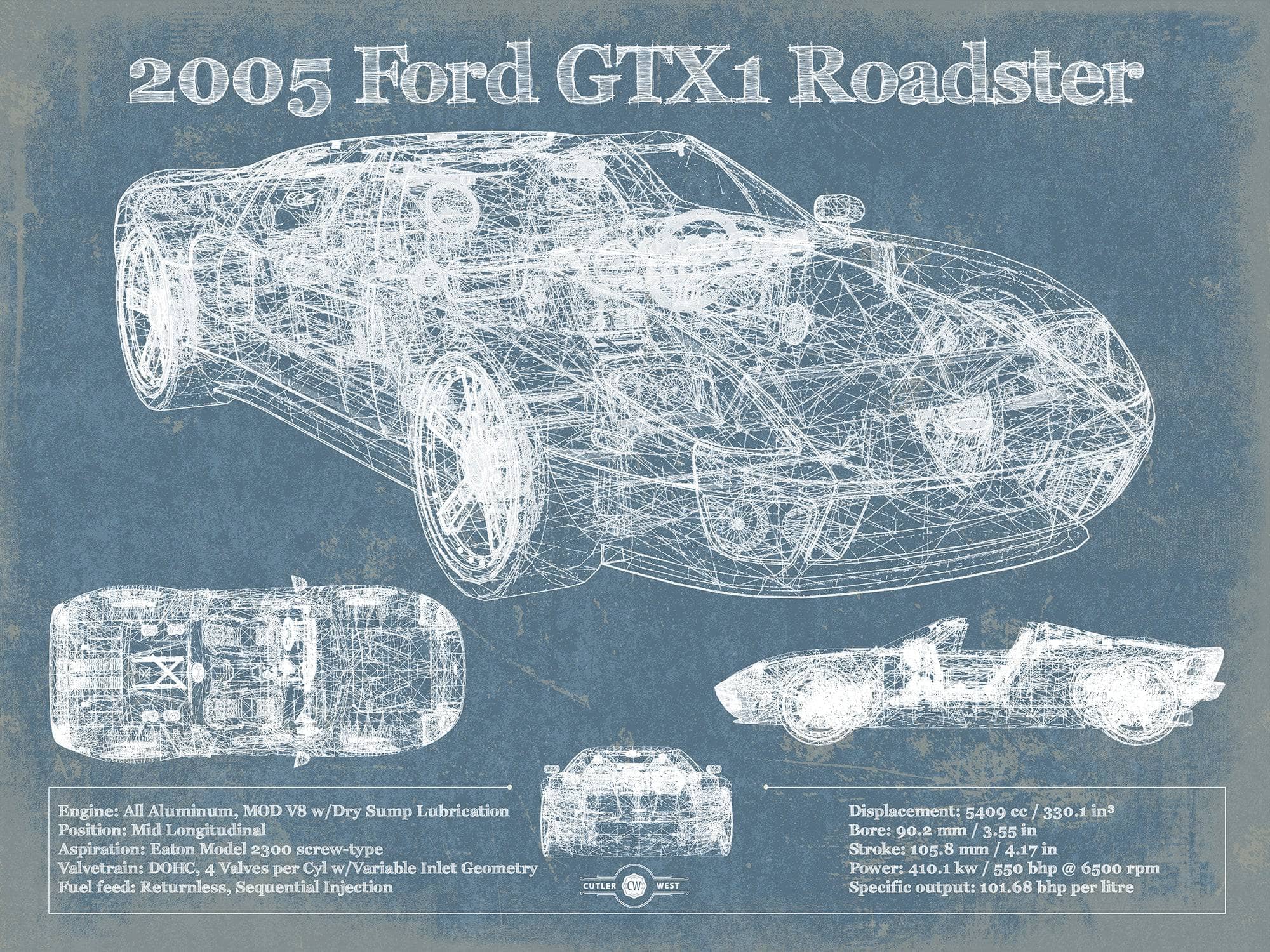 Cutler West Ford Collection 14" x 11" / Unframed 2005 Ford GTX1 Roadster Vintage Blueprint Auto Print 933350037_17735