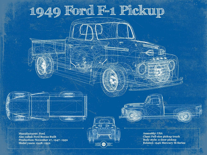 Cutler West Ford Collection 14" x 11" / Unframed 1949 Ford F-1 Pickup Vintage Blueprint Auto Print 933311019_34349