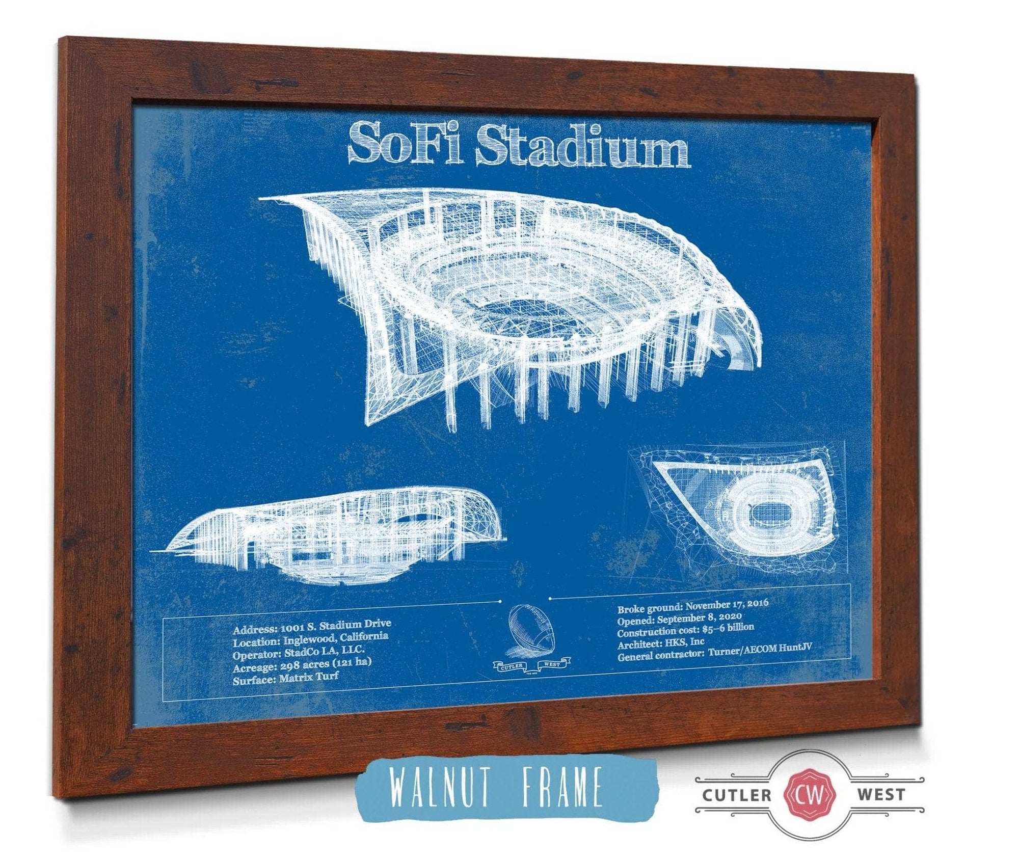 Cutler West Pro Football Collection 14" x 11" / Walnut Frame Los Angeles Chargers - SoFi Stadium Vintage Football Print 933311013_24007