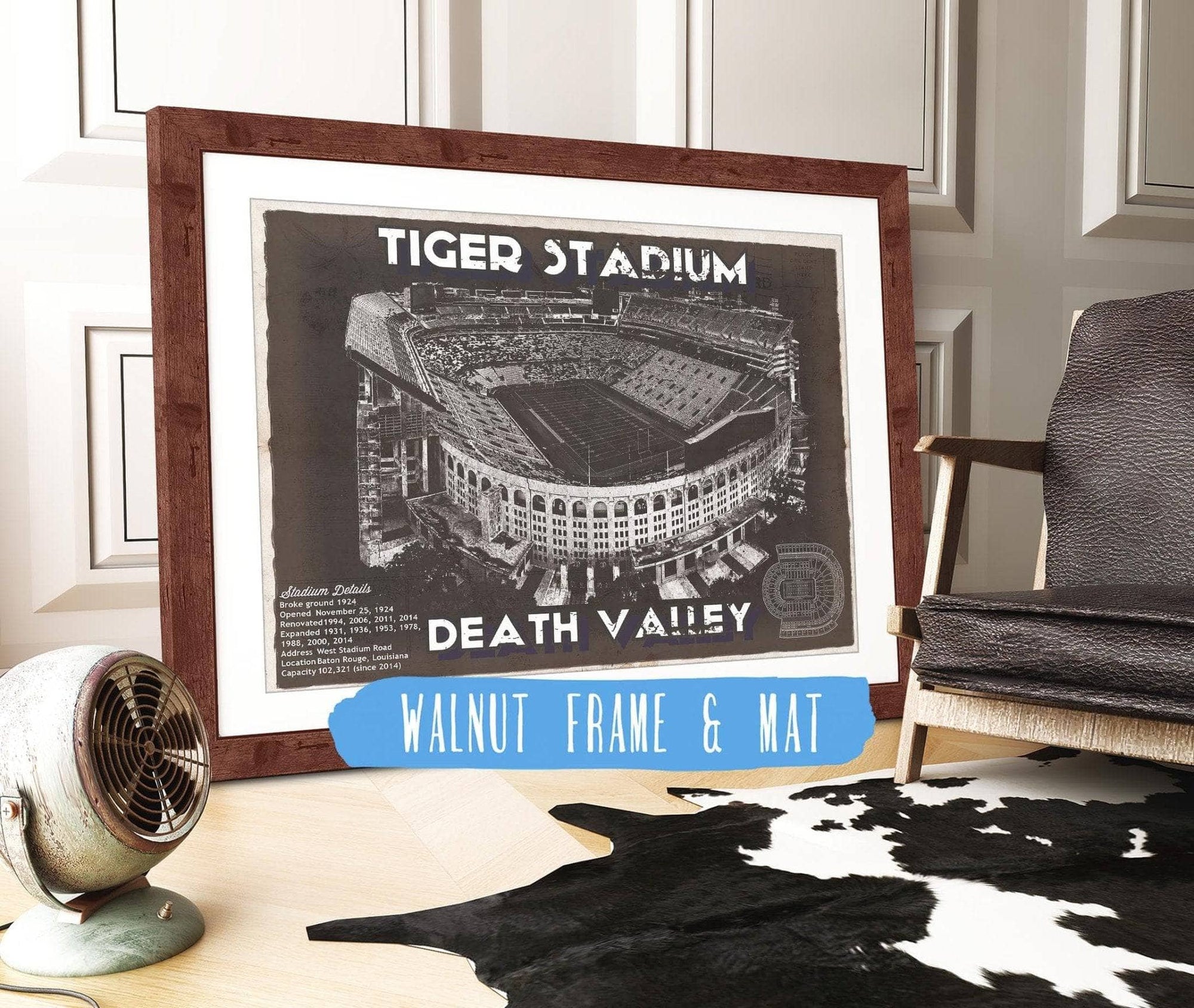 Cutler West College Football Collection 14" x 11" / Walnut Frame & Mat Tiger Stadium Art - LSU Tigers Vintage Stadium & Blueprint Art Print 933311065