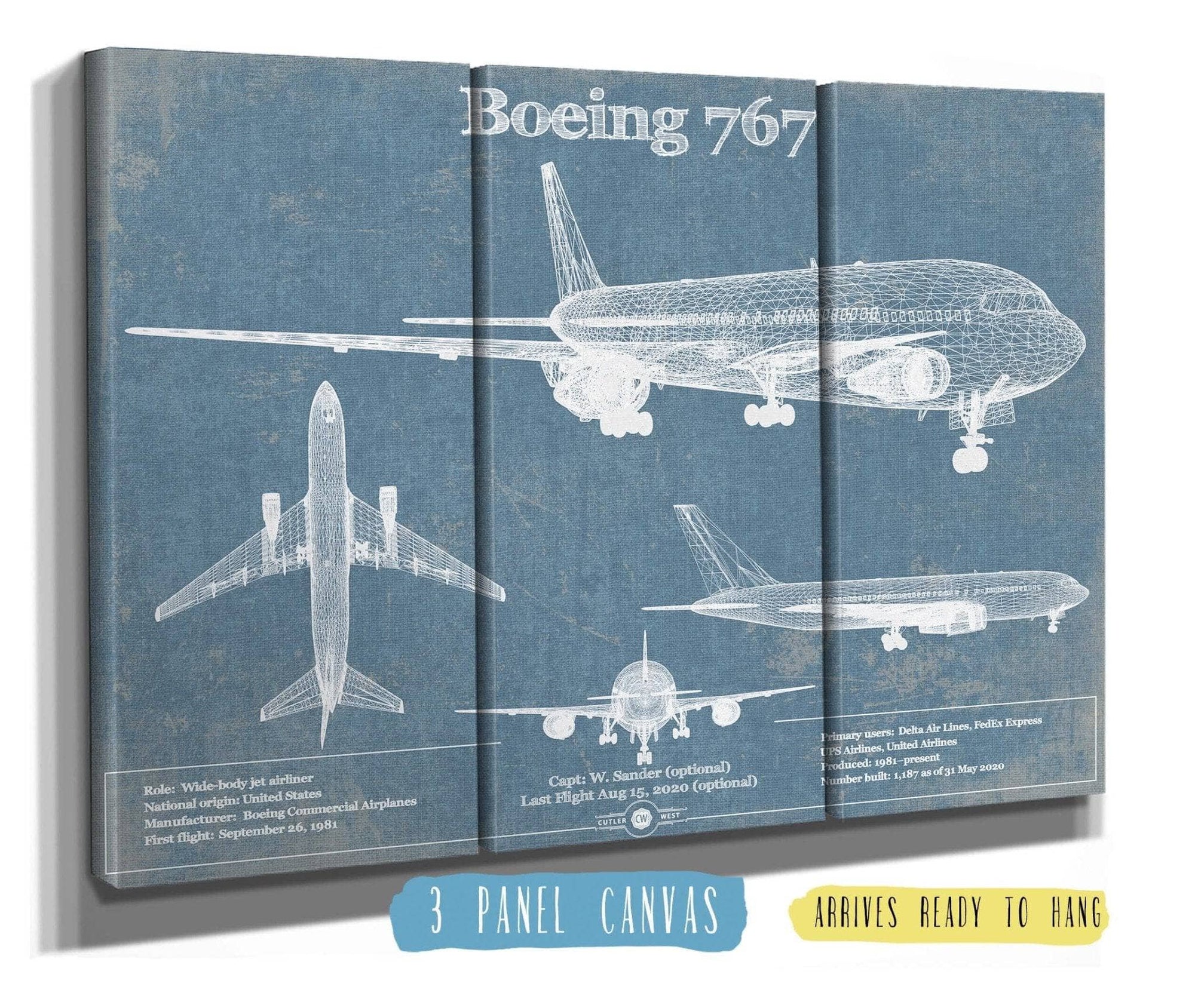 Cutler West Boeing Collection 48" x 32" / 3 Panel Canvas Wrap Boeing 767 Vintage Aviation Blueprint Print - Custom Pilot Name Can Be Added 835000103_51361