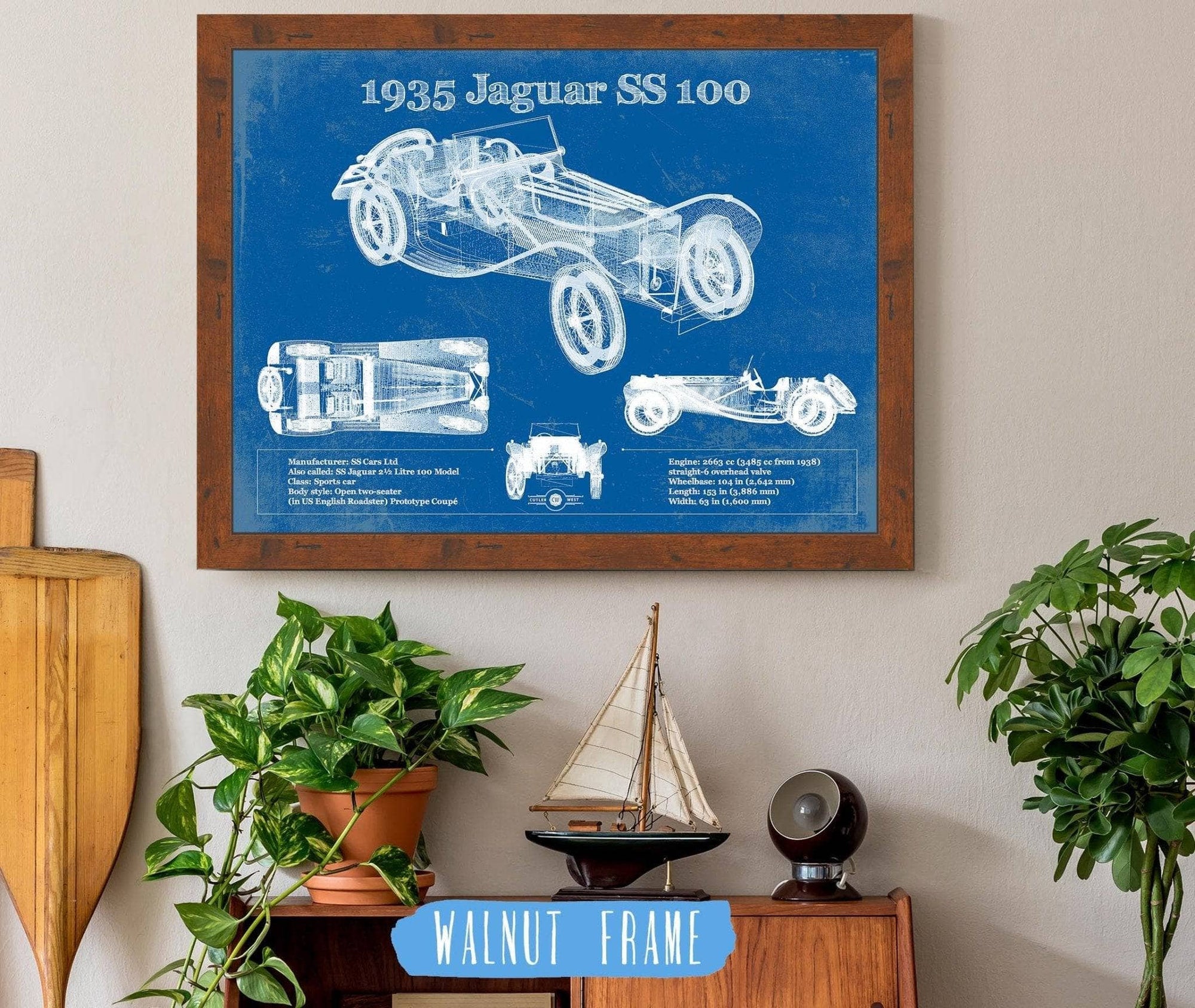 Cutler West Jaguar Collection 14" x 11" / Walnut Frame 1935 Jaguar SS 100 Blueprint Vintage Auto Print 933350049_22753