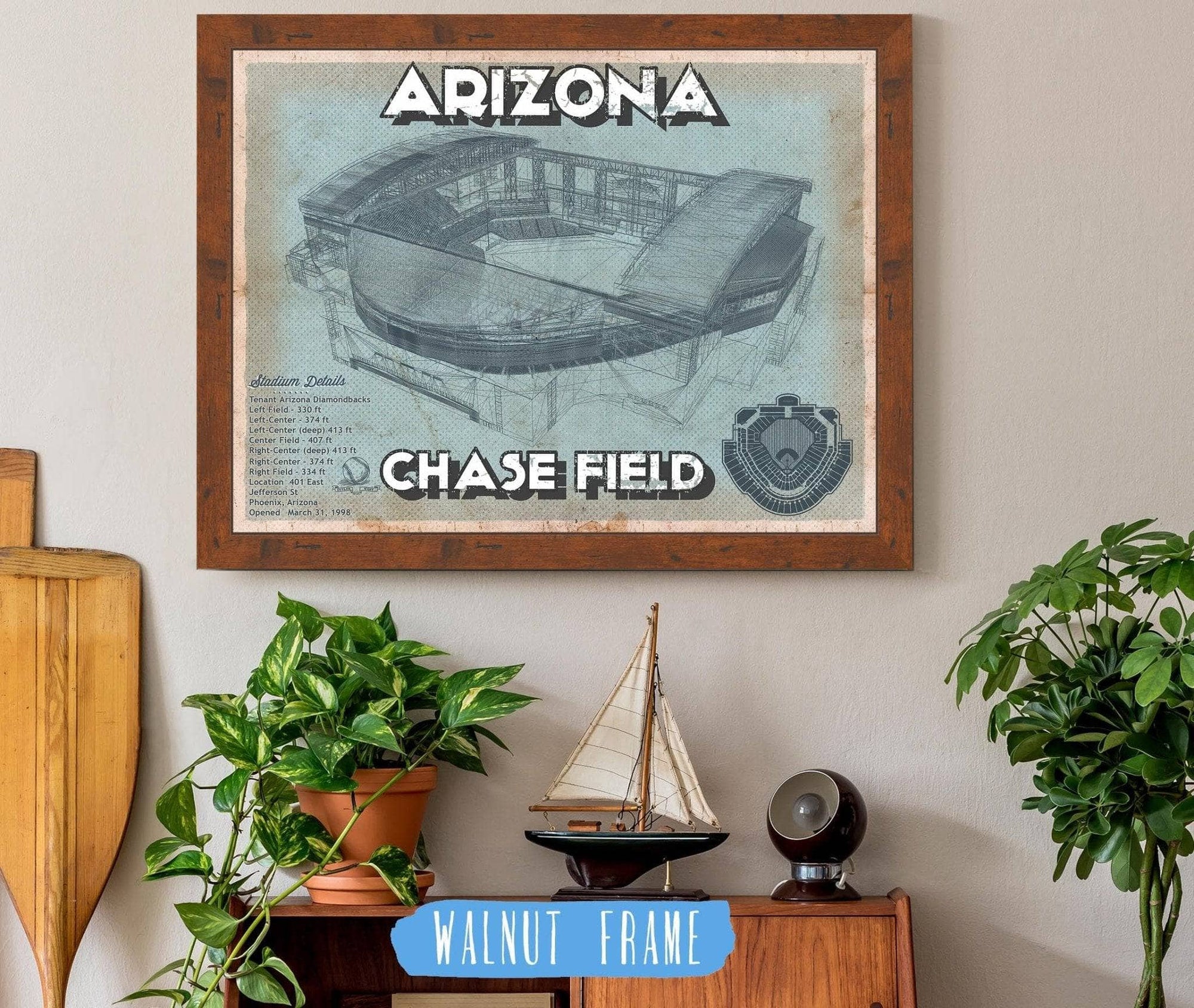 Cutler West Baseball Collection 14" x 11" / Walnut Frame Arizona Diamondbacks - Chase Field Vintage Baseball Fan Print 698673278_43394
