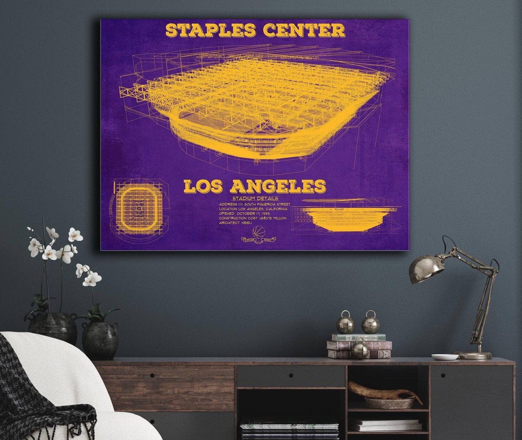 Cutler West Basketball Collection LA Lakers - Staples Center Vintage Blueprint NBA Basketball NBA Team Color Print