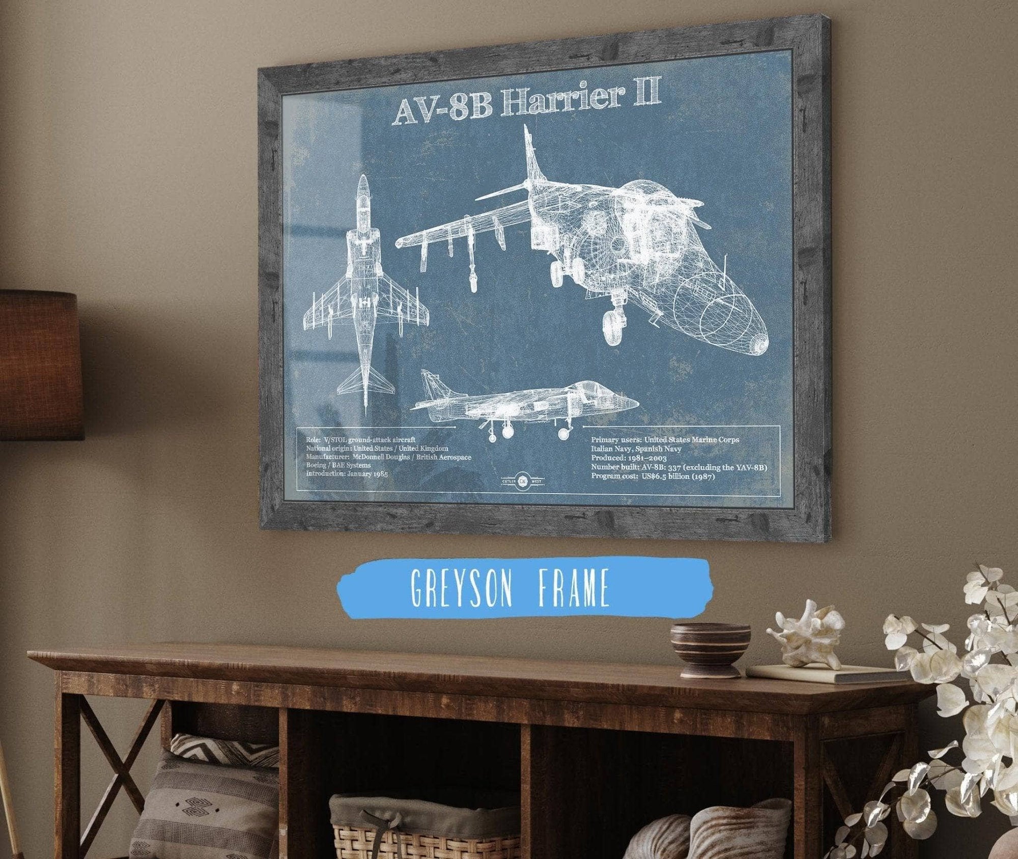 Cutler West Military Aircraft McDonnell Douglas AV-8B Harrier II Patent Blueprint Original Design Wall Art