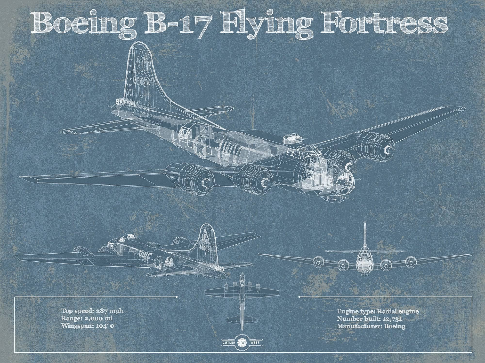 Cutler West Military Aircraft 14" x 11" / Unframed Boeing B-17 Flying Fortress  Vintage Aviation Blueprint - Custom Pilot Name Can Be Added 800570714_35471