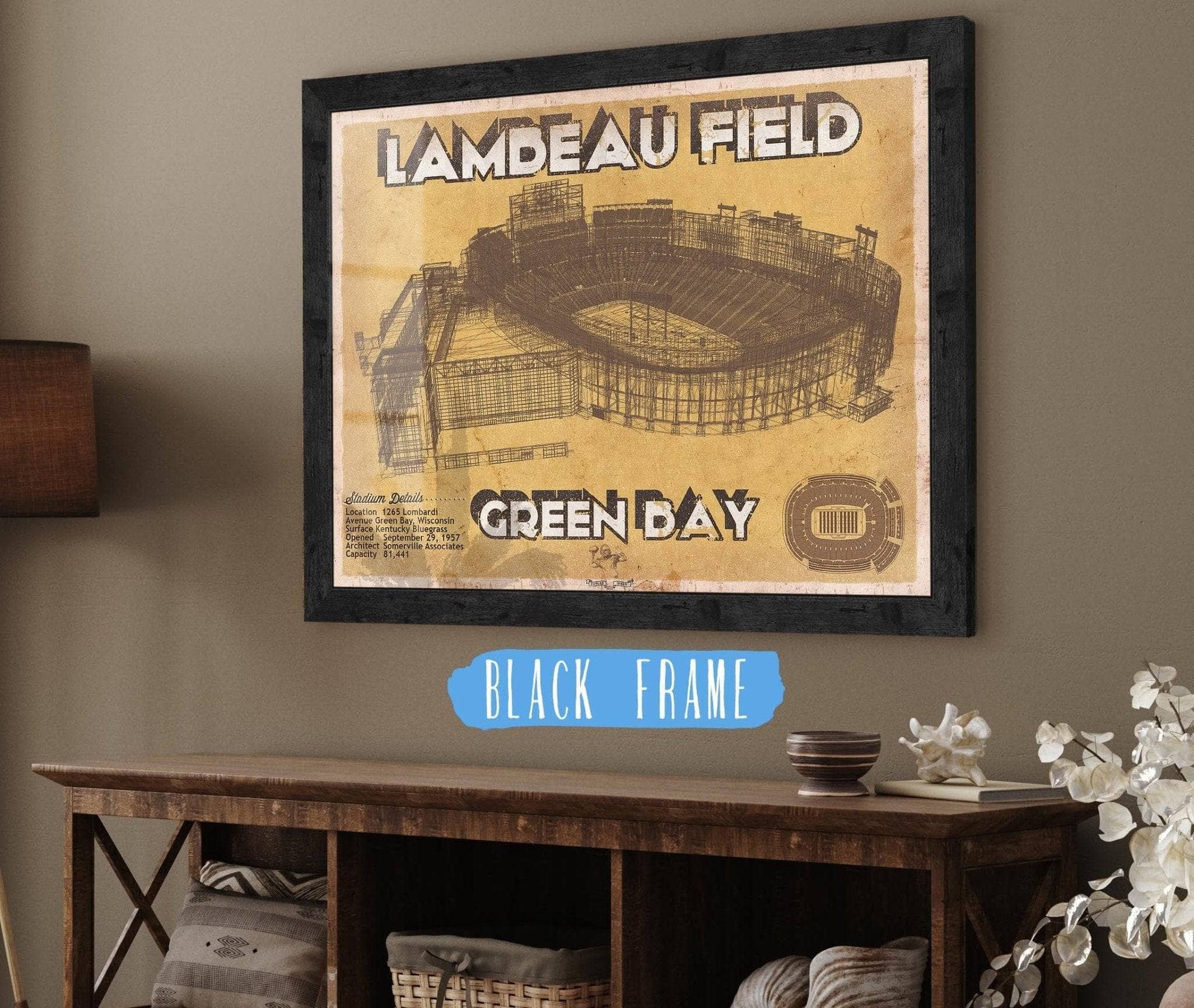 Cutler West Pro Football Collection 14" x 11" / Black Frame Green Bay Packers - Lambeau Field Vintage Football Print 698877220-TEAM_65963
