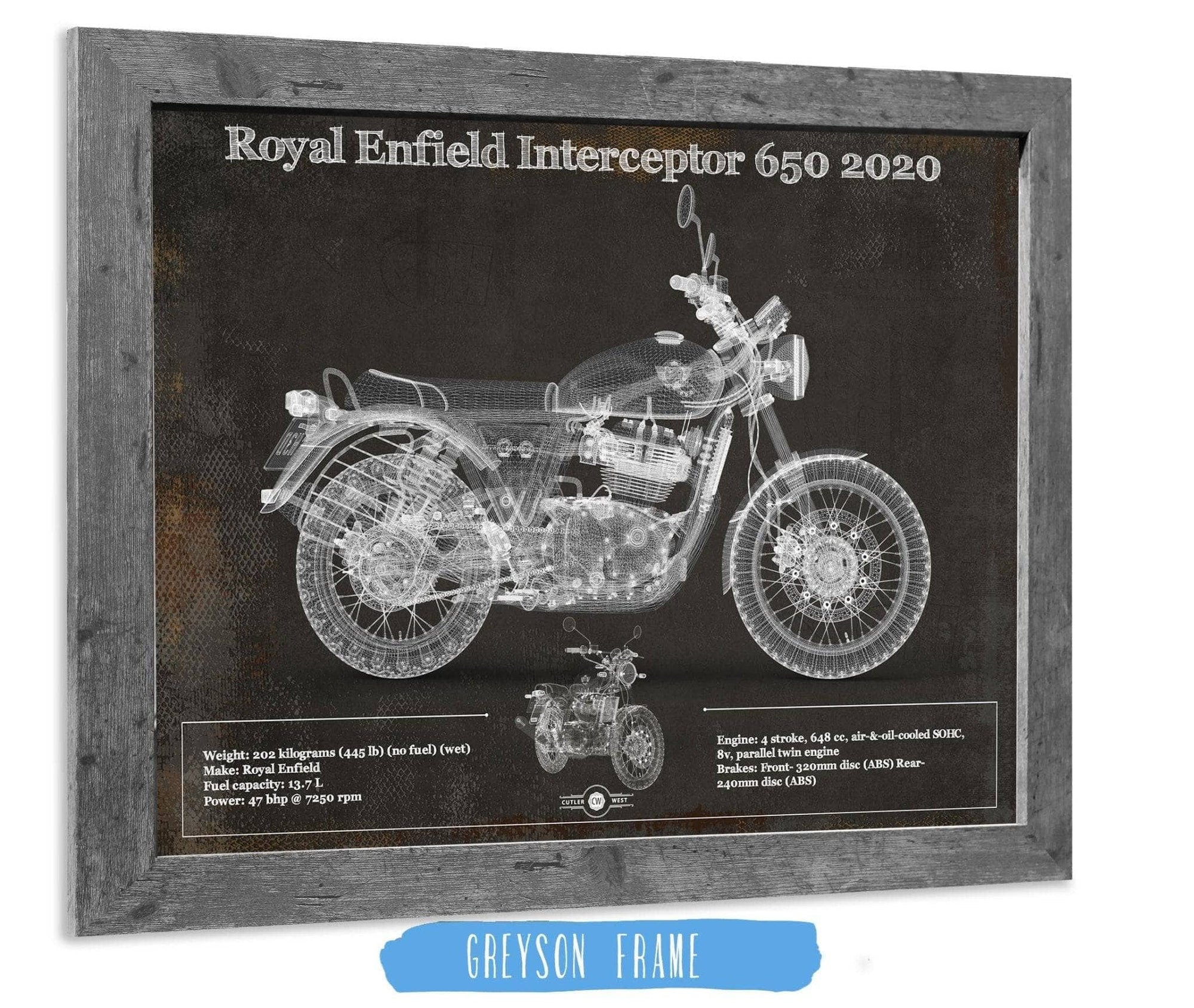 Cutler West 20" x 16" / Greyson Frame Royal Enfield Interceptor 650 2020 Blueprint Motorcycle Patent Print 845000206_26464