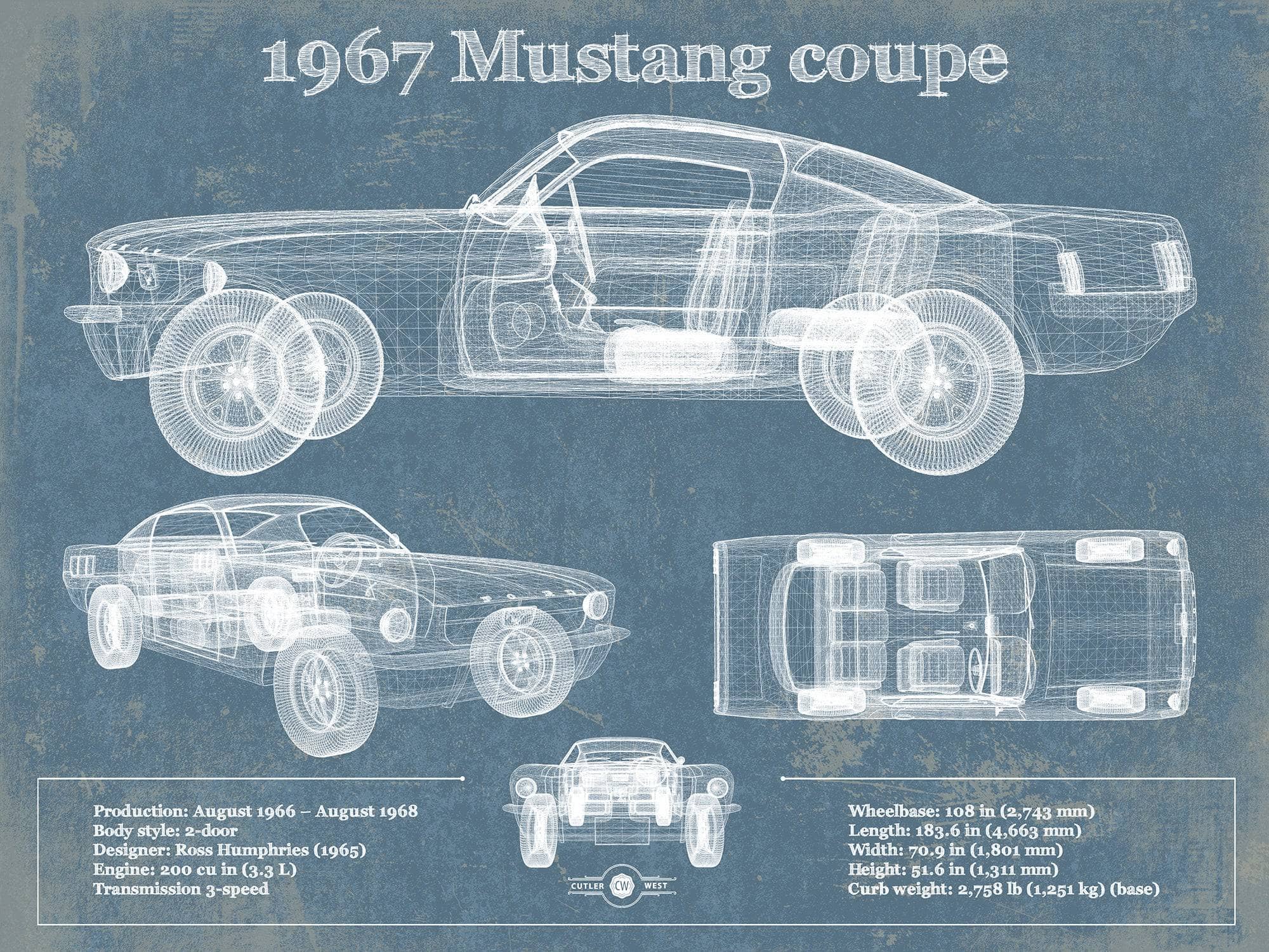 Cutler West Vehicle Collection 1967 Mustang coupe Blueprint Vintage Auto Print