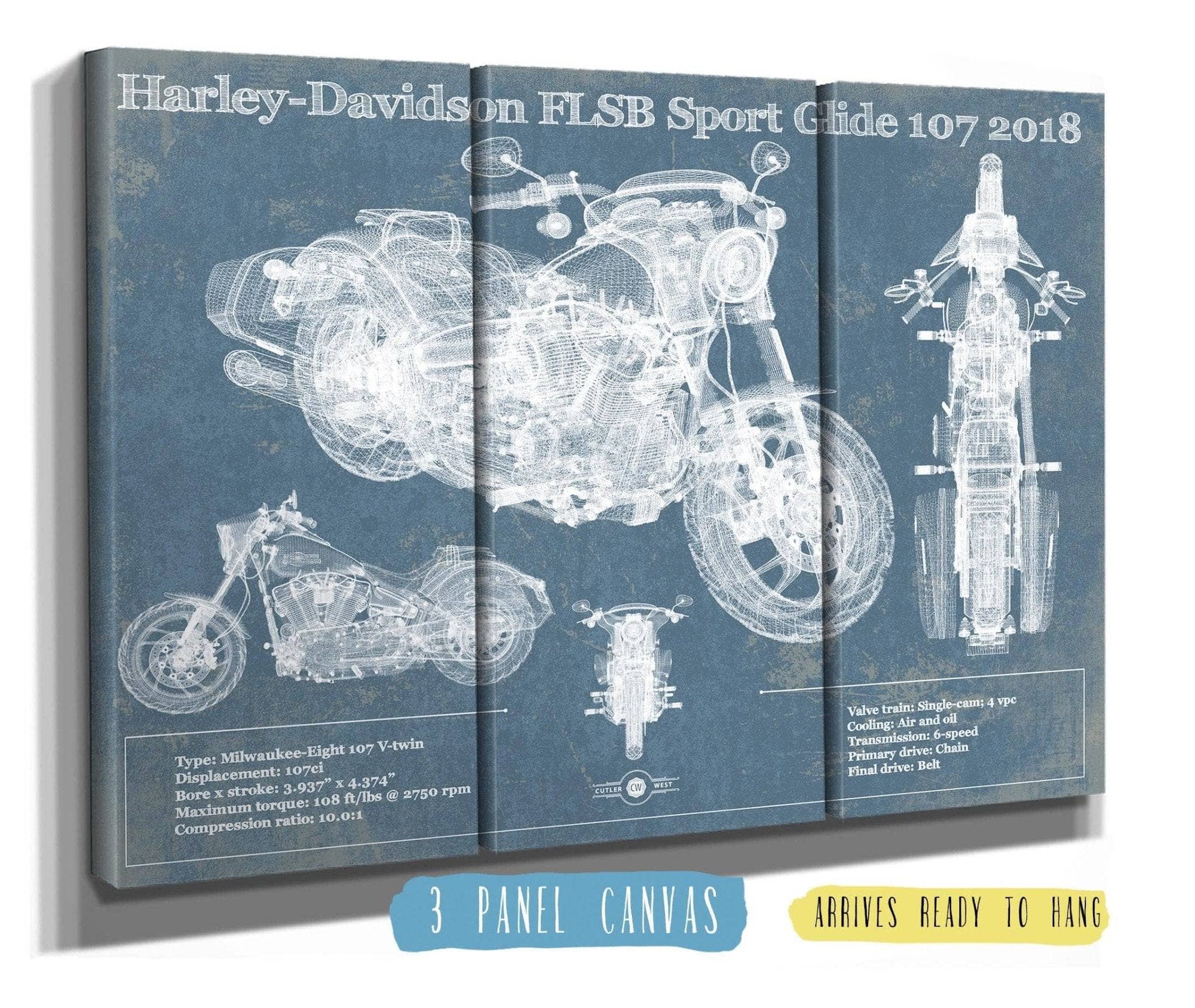 Cutler West 48" x 32" / 3 Panel Canvas Wrap Harley-Davidson FLSB Sport Glide 107 2018 Blueprint Motorcycle Patent Print 933452368_16870
