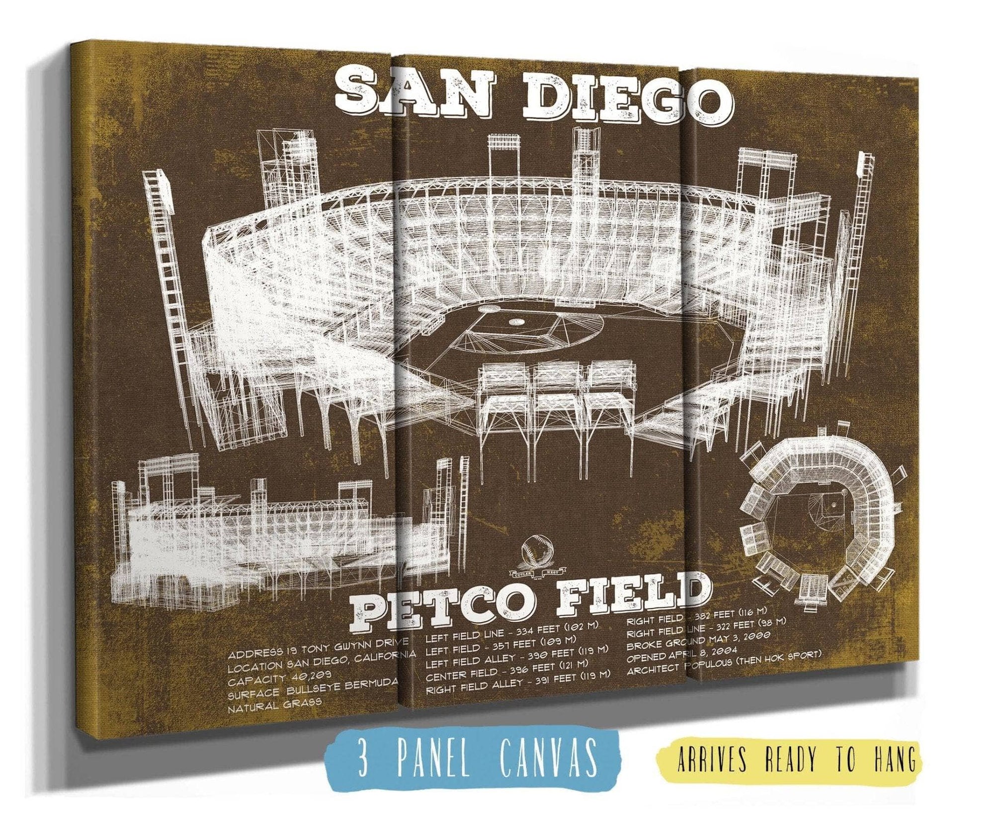 Cutler West Baseball Collection 48" x 32" / 3 Panel Canvas Wrap San Diego Padres - Petco Park Vintage Stadium Team Color Baseball Print 817046362_69421