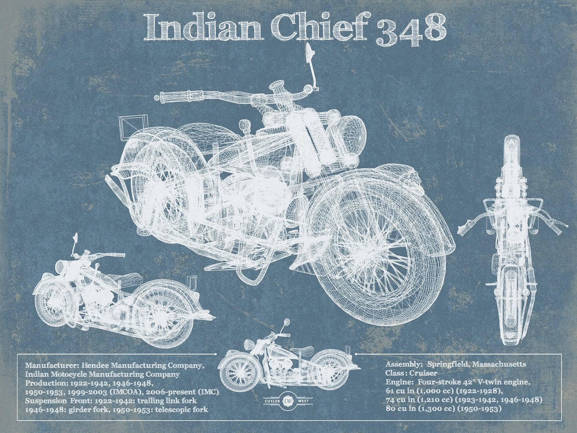 Cutler West 14" x 11" / Unframed Indian Chief 348 Vintage Original Motorcycle Blueprint 835000022_59363
