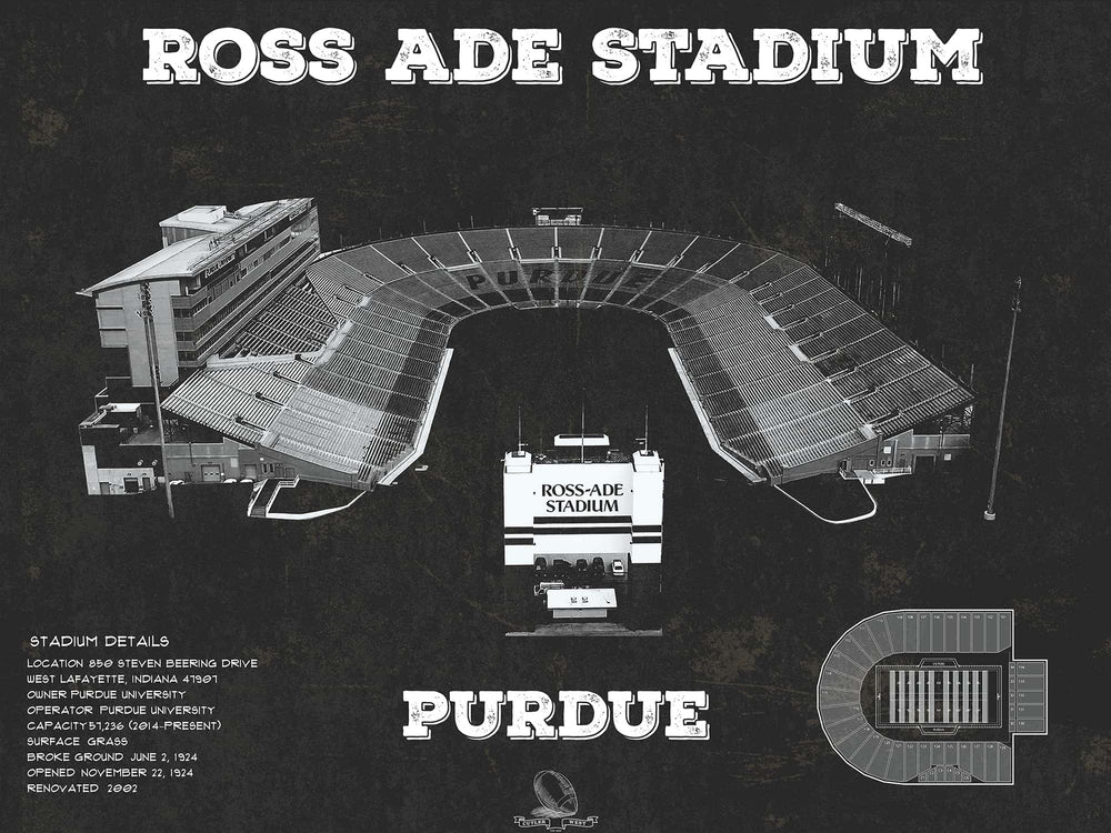 14" x 11" / Stretched Canvas Wrap Cutler West Purdue Boilermakers - Ross-Ade Vintage Football Stadium Black Art Print
