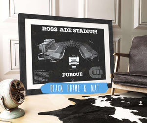 20" x 16" / Black Frame & Mat Cutler West Purdue Boilermakers - Ross-Ade Vintage Football Stadium Black Art Print