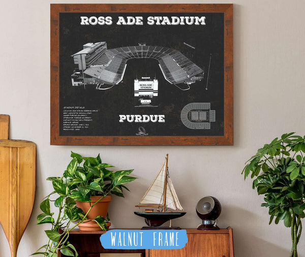 20" x 16" / Walnut Frame Cutler West Purdue Boilermakers - Ross-Ade Vintage Football Stadium Black Art Print