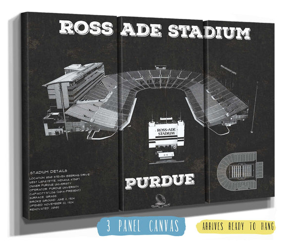 36" x 24" / 3 Panel Canvas Wrap Cutler West Purdue Boilermakers - Ross-Ade Vintage Football Stadium Black Art Print