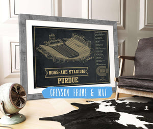 14" x 11" / Greyson Frame & Mat Cutler West Purdue Boilermakers - Ross-Ade Vintage Football Stadium Blueprint Art Print