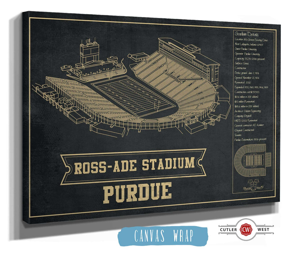 14" x 11" / Stretched Canvas Wrap Cutler West Purdue Boilermakers - Ross-Ade Vintage Football Stadium Blueprint Art Print
