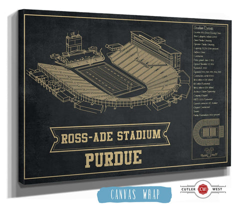 14" x 11" / Stretched Canvas Wrap Cutler West Purdue Boilermakers - Ross-Ade Vintage Football Stadium Blueprint Art Print