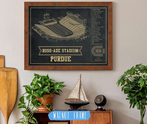 20" x 16" / Walnut Frame Cutler West Purdue Boilermakers - Ross-Ade Vintage Football Stadium Blueprint Art Print