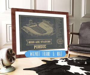 20" x 16" / Walnut Frame & Mat Cutler West Purdue Boilermakers - Ross-Ade Vintage Football Stadium Blueprint Art Print