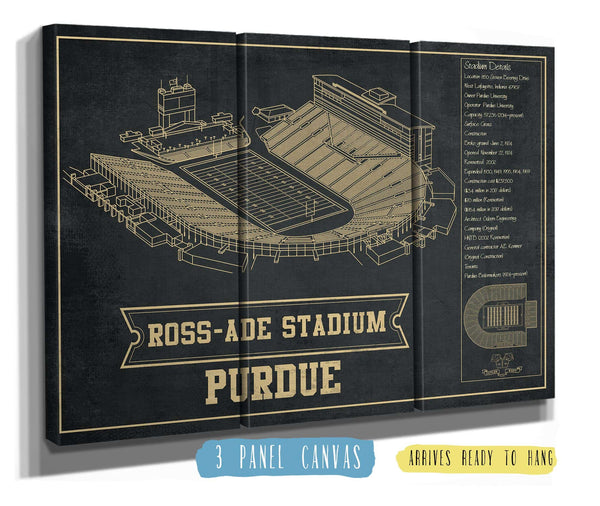 36" x 24" / 3 Panel Canvas Wrap Cutler West Purdue Boilermakers - Ross-Ade Vintage Football Stadium Blueprint Art Print