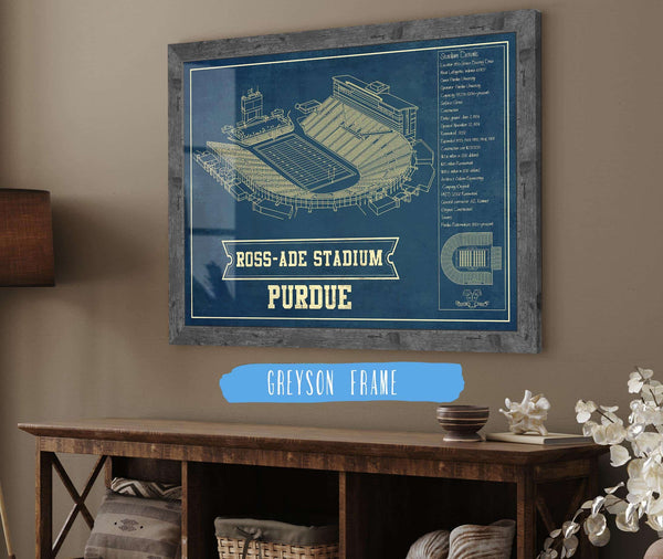 14" x 11" / Greyson Frame Cutler West Purdue Boilermakers - Ross-Ade Vintage Football Stadium Vintage Blueprint Art Print