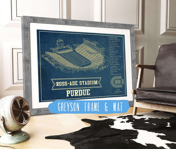 14" x 11" / Greyson Frame & Mat Cutler West Purdue Boilermakers - Ross-Ade Vintage Football Stadium Vintage Blueprint Art Print