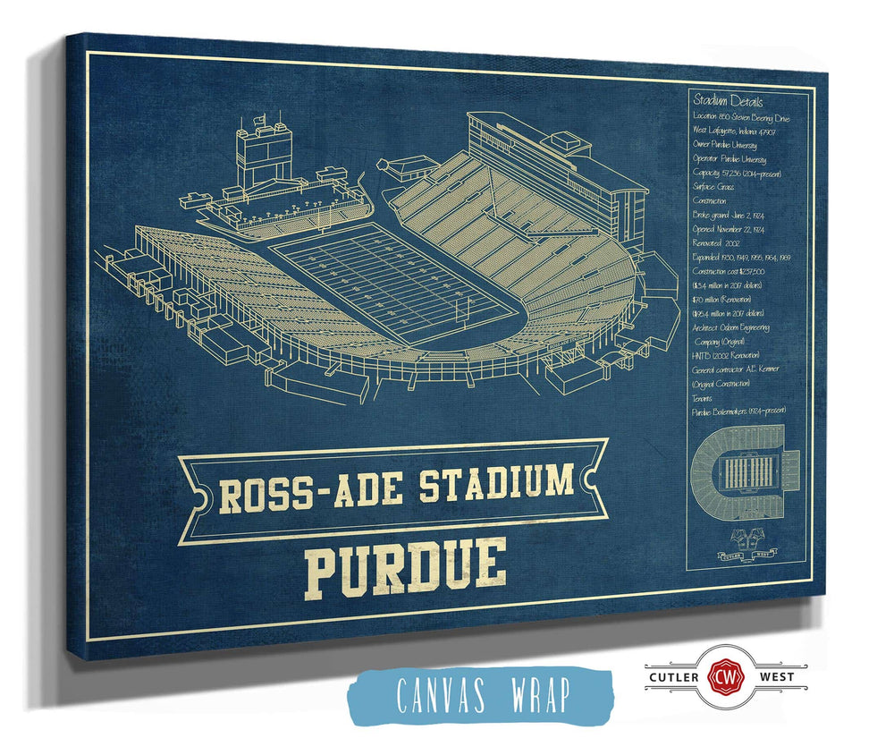 14" x 11" / Stretched Canvas Wrap Cutler West Purdue Boilermakers - Ross-Ade Vintage Football Stadium Vintage Blueprint Art Print
