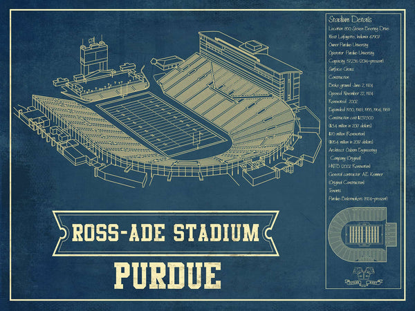 14" x 11" / Unframed Cutler West Purdue Boilermakers - Ross-Ade Vintage Football Stadium Vintage Blueprint Art Print