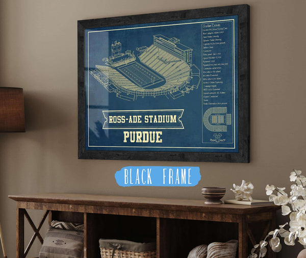 20" x 16" / Black Frame Cutler West Purdue Boilermakers - Ross-Ade Vintage Football Stadium Vintage Blueprint Art Print