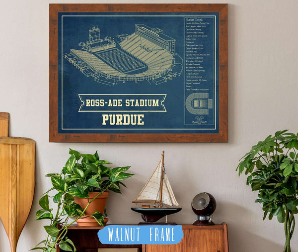 20" x 16" / Walnut Frame Cutler West Purdue Boilermakers - Ross-Ade Vintage Football Stadium Vintage Blueprint Art Print