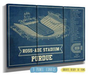 36" x 24" / 3 Panel Canvas Wrap Cutler West Purdue Boilermakers - Ross-Ade Vintage Football Stadium Vintage Blueprint Art Print