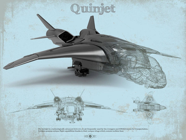 14" x 11" / Unframed Cutler West Quinjet Avengers Vintage Blueprint Wall Art