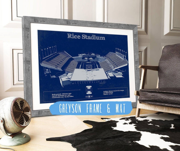 14" x 11" / Greyson Frame & Mat Cutler West Rice Owls Wall Art - Vintage Rice Stadium Blueprint Art Print