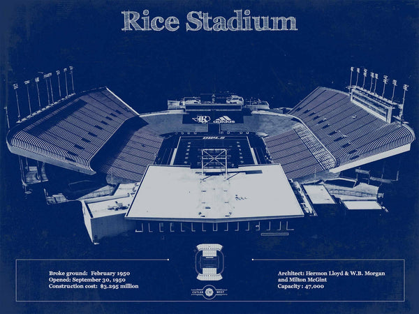 14" x 11" / Unframed Cutler West Rice Owls Wall Art - Vintage Rice Stadium Blueprint Art Print