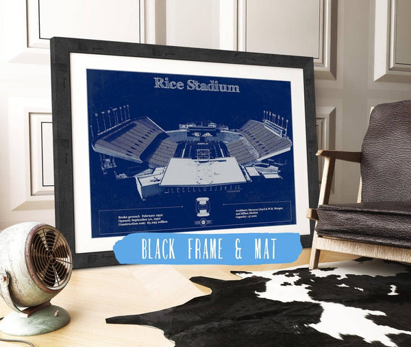 20" x 16" / Black Frame & Mat Cutler West Rice Owls Wall Art - Vintage Rice Stadium Blueprint Art Print