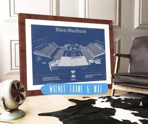 20" x 16" / Walnut Frame & Mat Cutler West Rice Owls Wall Art - Vintage Rice Stadium Blueprint Art Print