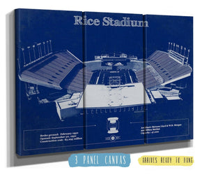 36" x 24" / 3 Panel Canvas Wrap Cutler West Rice Owls Wall Art - Vintage Rice Stadium Blueprint Art Print